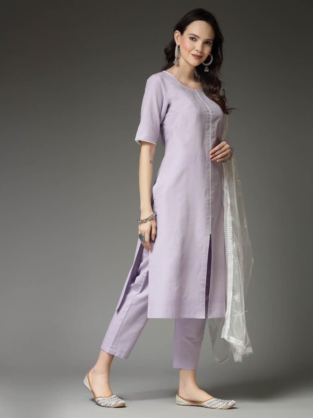Solid Cotton Blend Straight Kurta Pant Dupatta Set