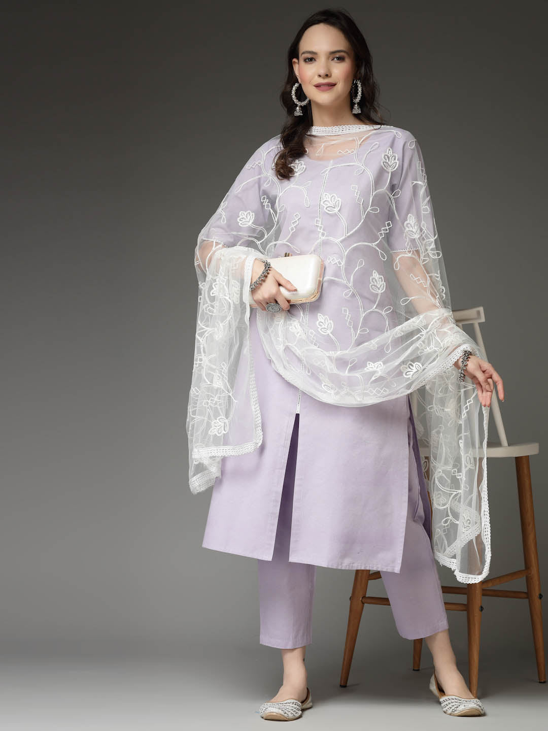 Solid Cotton Blend Straight Kurta Pant Dupatta Set