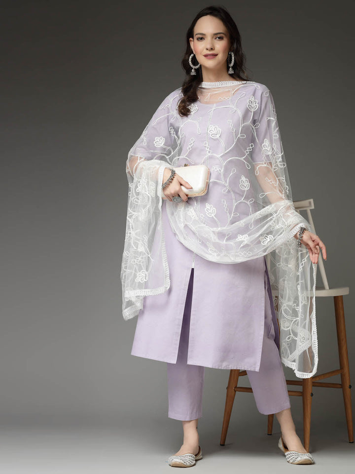 Solid Cotton Blend Straight Kurta Pant Dupatta Set