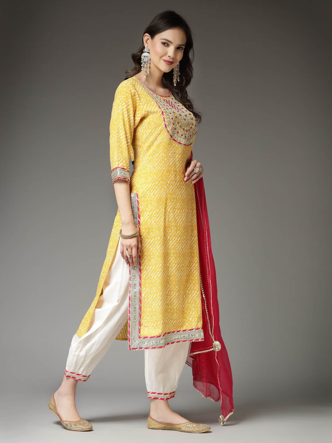 Lehariya Printed & Embroidered Rayon Straight Kurta Pant Dupatta Set