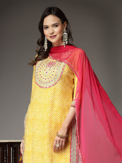 Lehariya Printed & Embroidered Rayon Straight Kurta Pant Dupatta Set