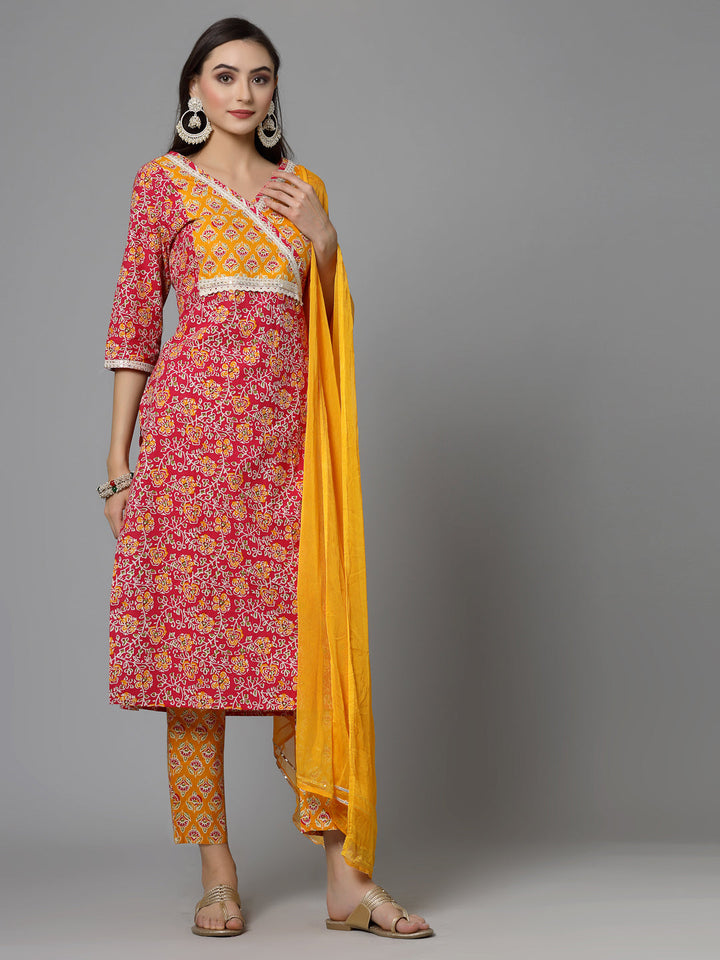 Floral Printed Cotton Straight Kurta Pant Dupatta Set