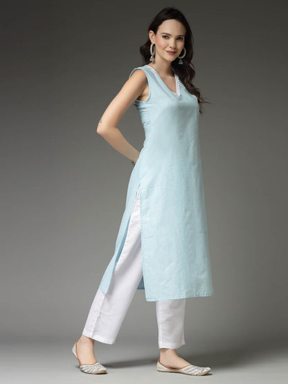 Solid Cotton Blend Straight Kurta Pant Set
