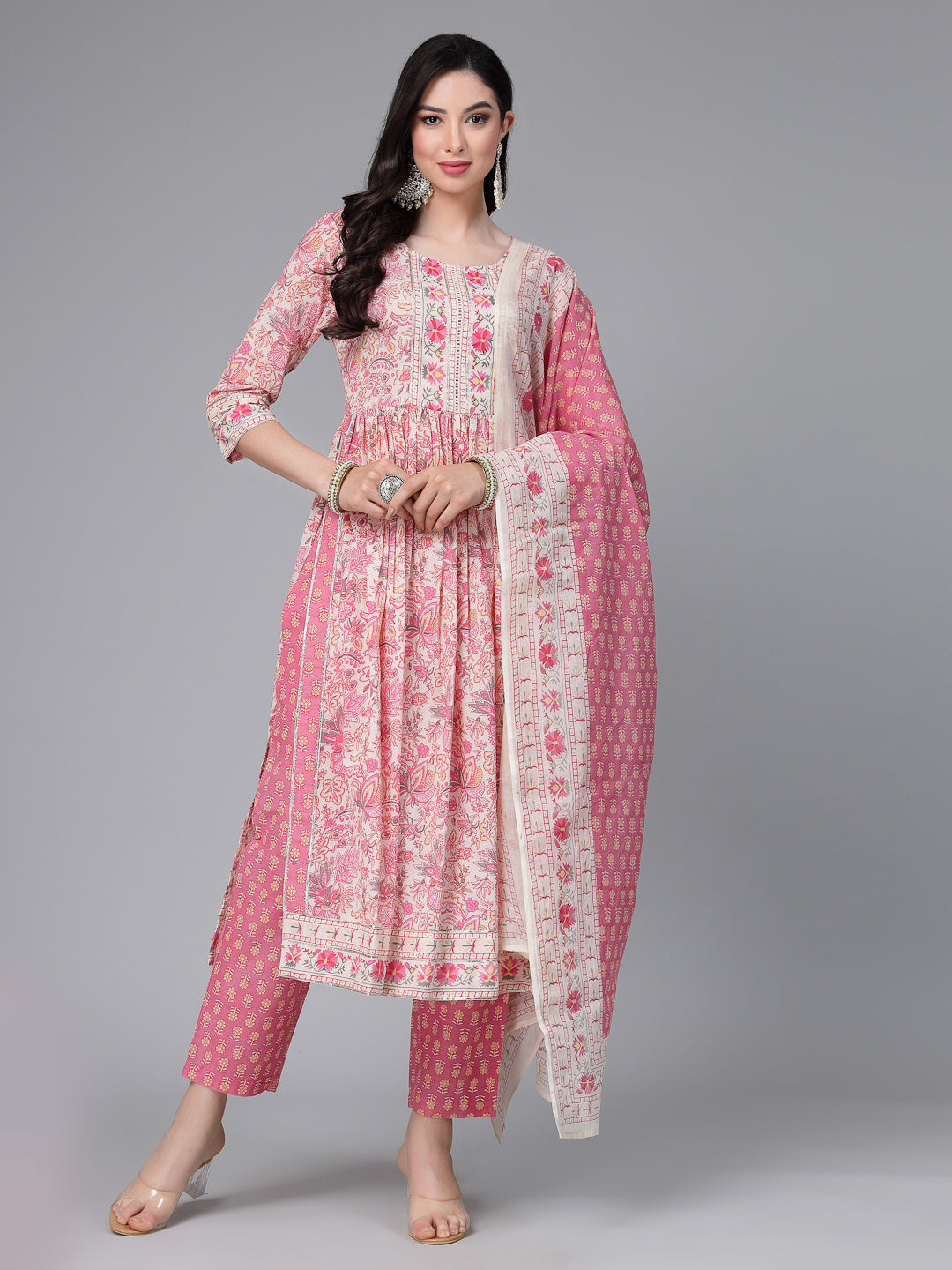 Floral Printed Cotton Naira Cut Kurta Pant Dupatta Set