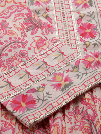 Floral Printed Cotton Naira Cut Kurta Pant Dupatta Set