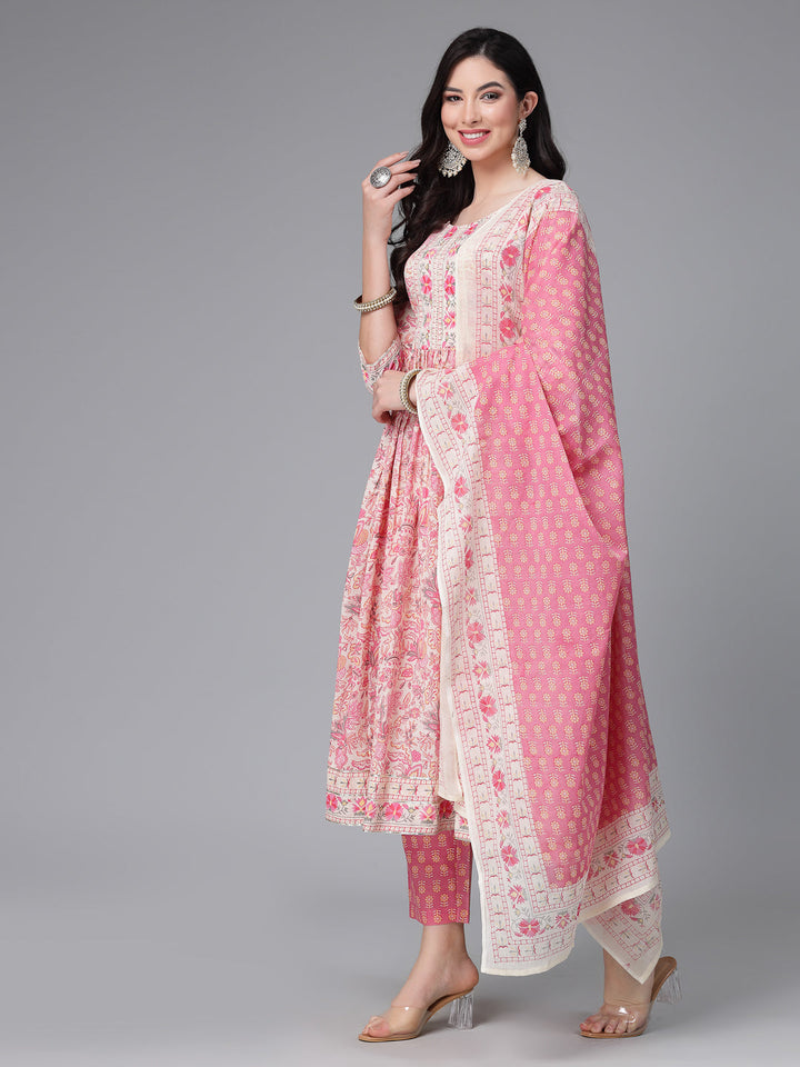 Floral Printed Cotton Naira Cut Kurta Pant Dupatta Set