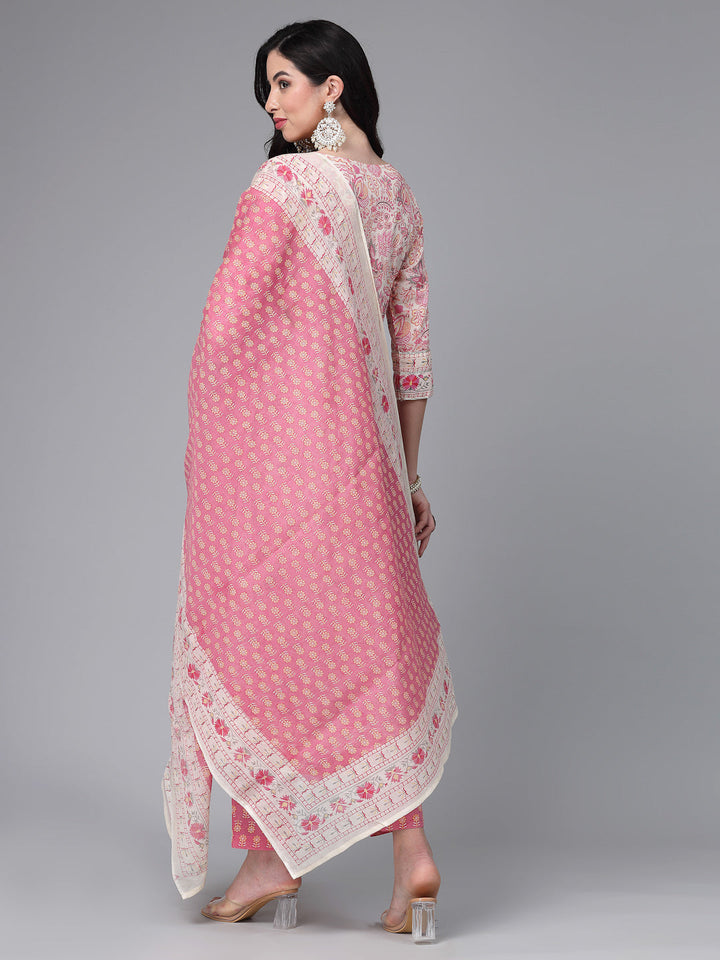 Floral Printed Cotton Naira Cut Kurta Pant Dupatta Set