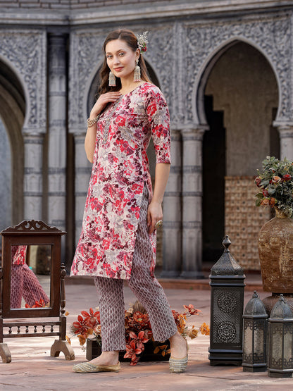 Floral Printed Cotton Blend Straight Kurta Pant Dupatta Set