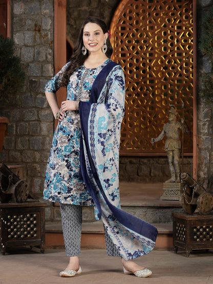Floral Printed Cotton Blend Straight Kurta Pant Dupatta Set