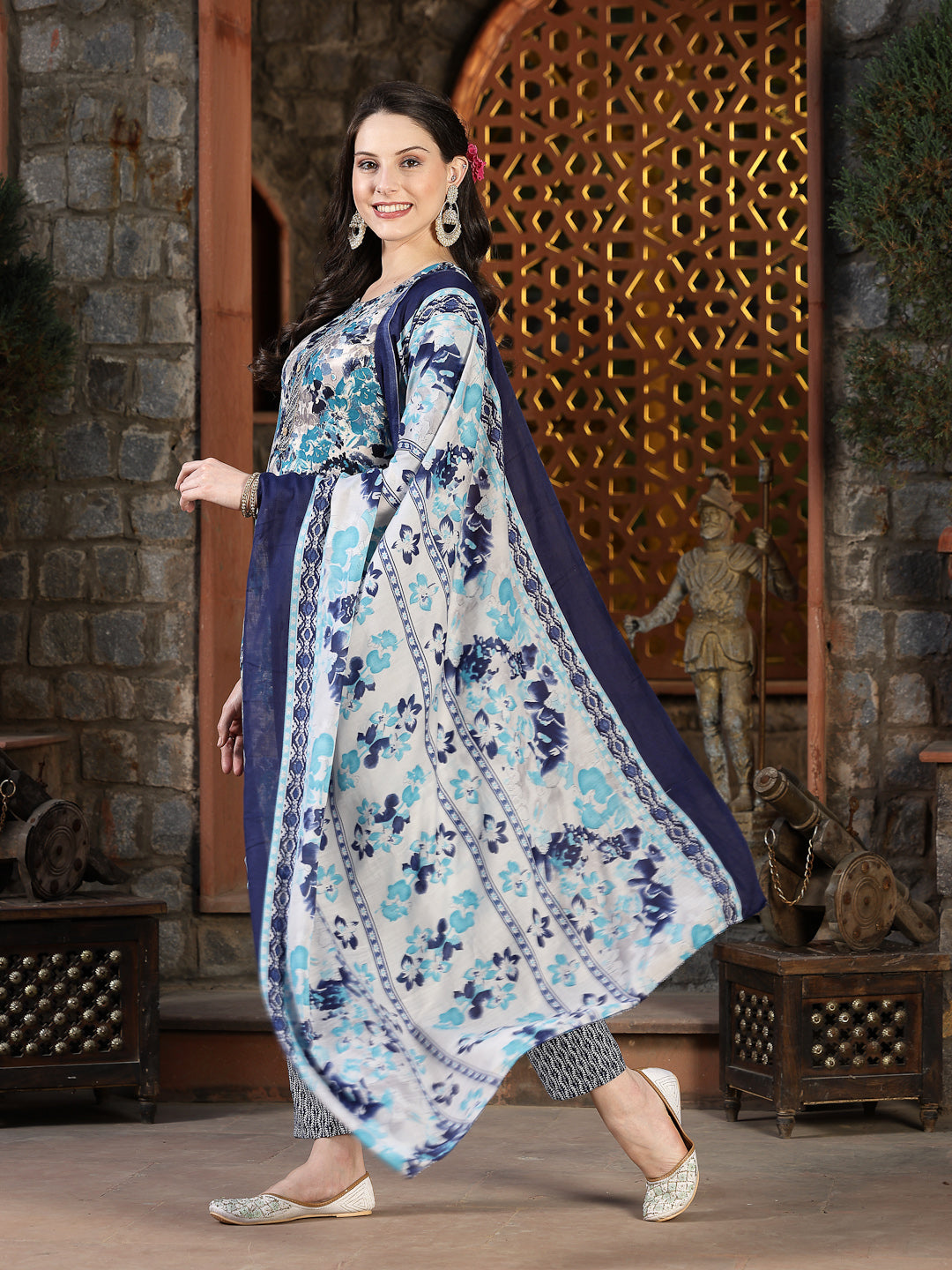 Floral Printed Cotton Blend Straight Kurta Pant Dupatta Set
