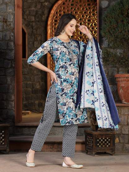 Floral Printed Cotton Blend Straight Kurta Pant Dupatta Set