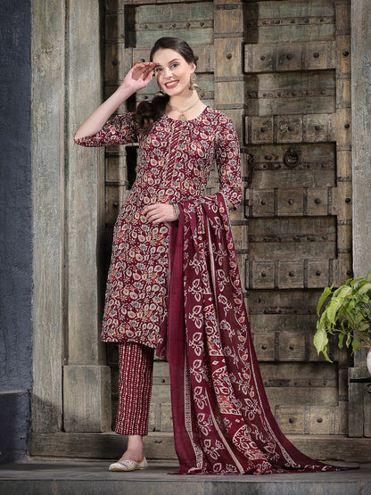Floral Printed Cotton Blend Straight Kurta Pant Dupatta Set
