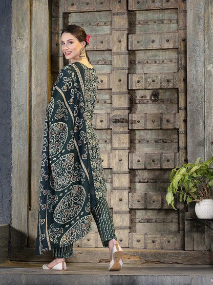 Floral Printed Cotton Blend Straight Kurta Pant Dupatta Set