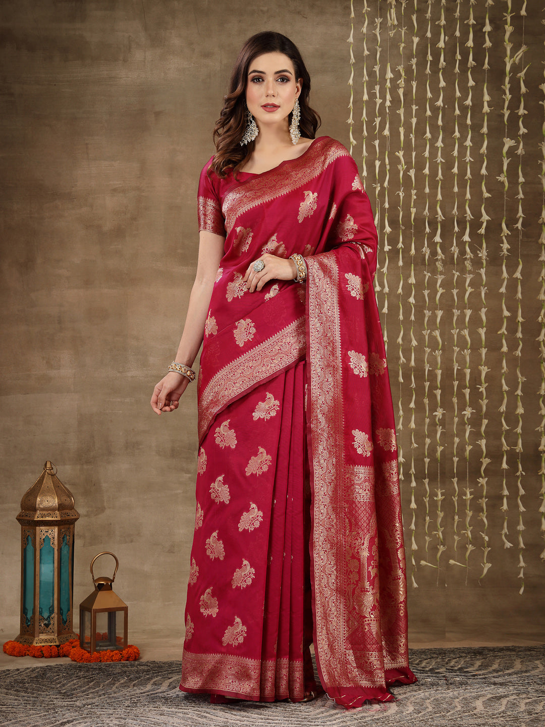Ethnic Motifs Woven Design Zari Silk Blend Banarasi Saree