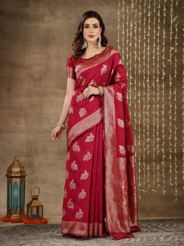 Ethnic Motifs Woven Design Zari Silk Blend Banarasi Saree