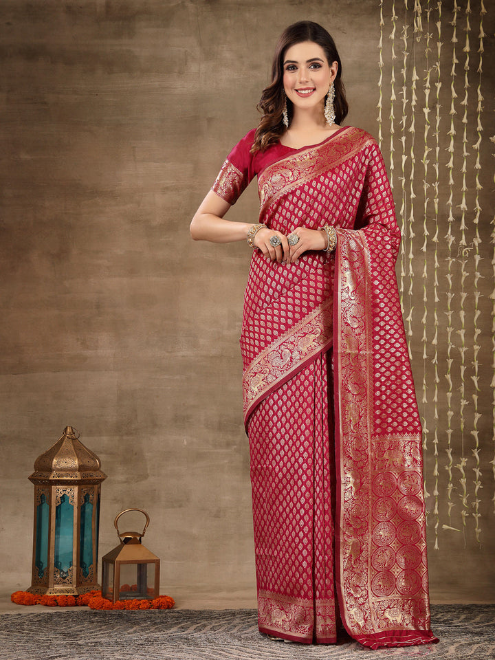 Ethnic Motifs Woven Design Zari Silk Blend Banarasi Saree