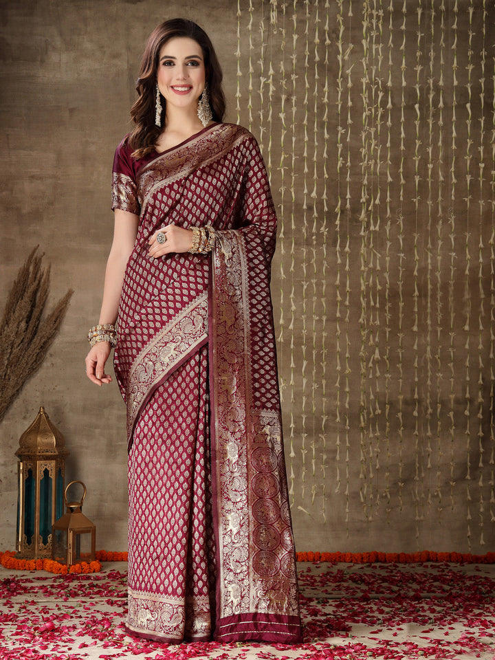 Ethnic Motifs Woven Design Zari Silk Blend Banarasi Saree