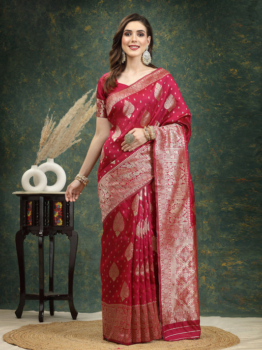 Ethnic Motifs Woven Design Zari Silk Blend Banarasi Saree