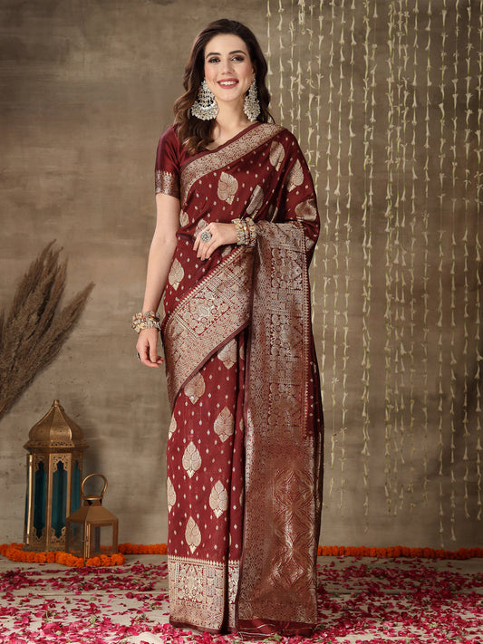 Ethnic Motifs Woven Design Zari Silk Blend Banarasi Saree