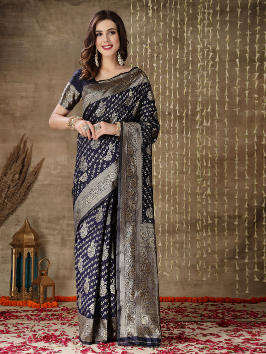 Ethnic Motifs Woven Design Zari Silk Blend Banarasi Saree