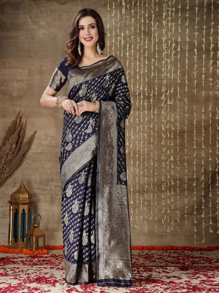 Ethnic Motifs Woven Design Zari Silk Blend Banarasi Saree