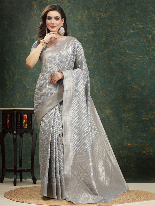 Ethnic Motifs Woven Design Zari Linen Blend Banarasi Saree
