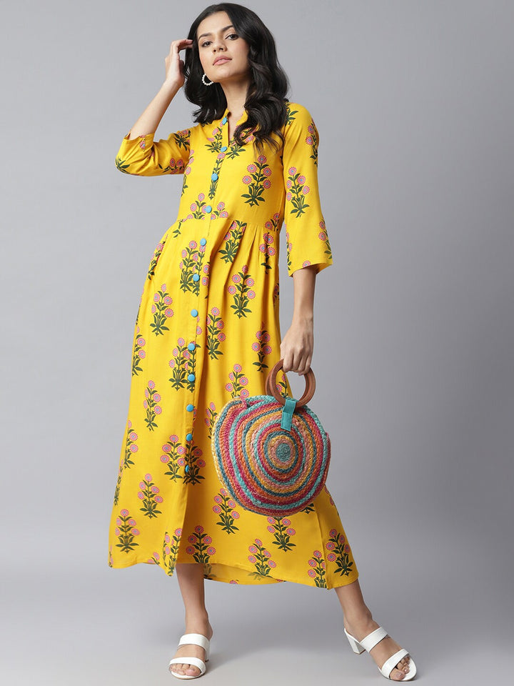 Floral Print Rayon A-Line Kurta (Yellow)