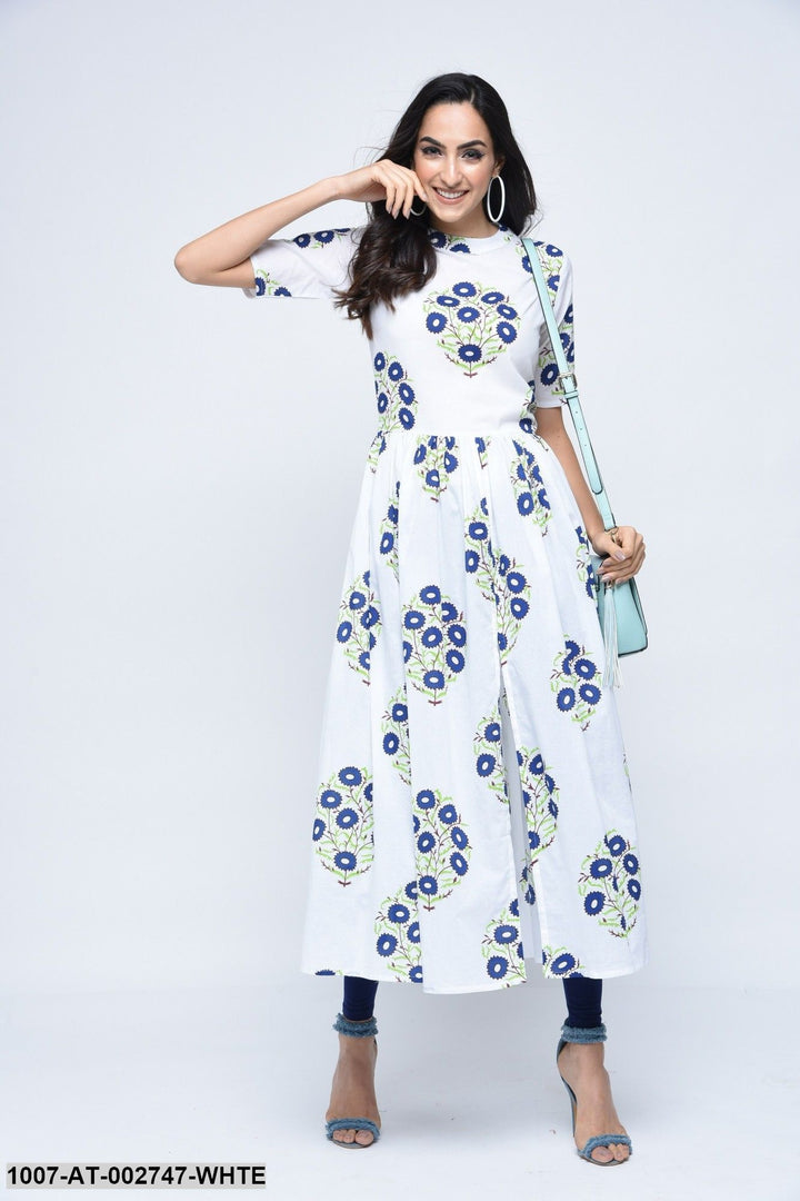 Floral Print Cotton Front Slit Kurta (White)