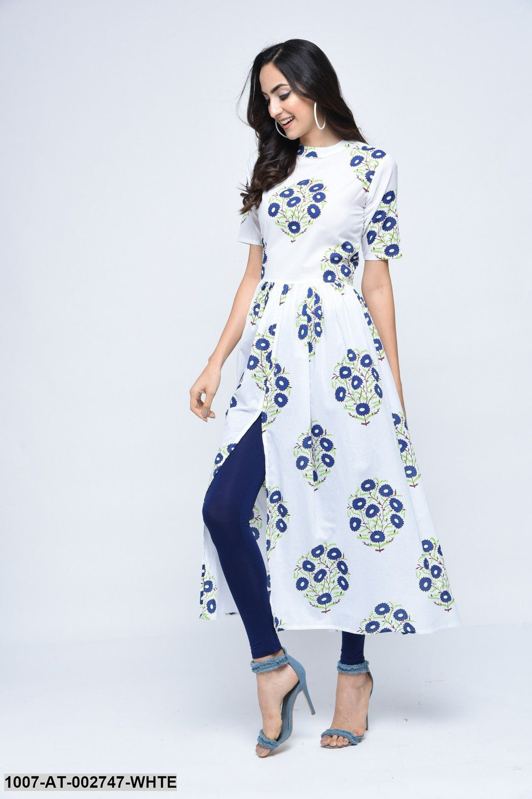 Floral Print Cotton Front Slit Kurta (White)