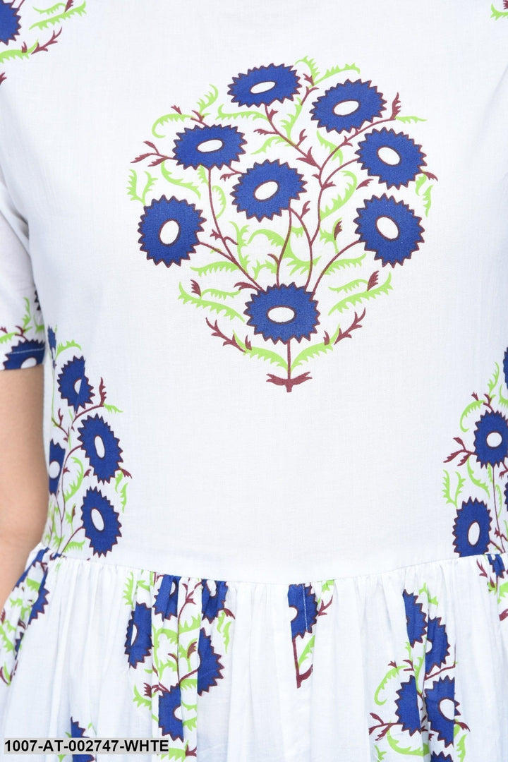 Floral Print Cotton Front Slit Kurta (White)