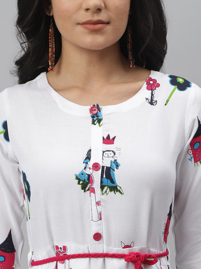 Animal Print Rayon Pleated Kurta (White)