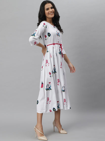 Animal Print Rayon Pleated Kurta (White)