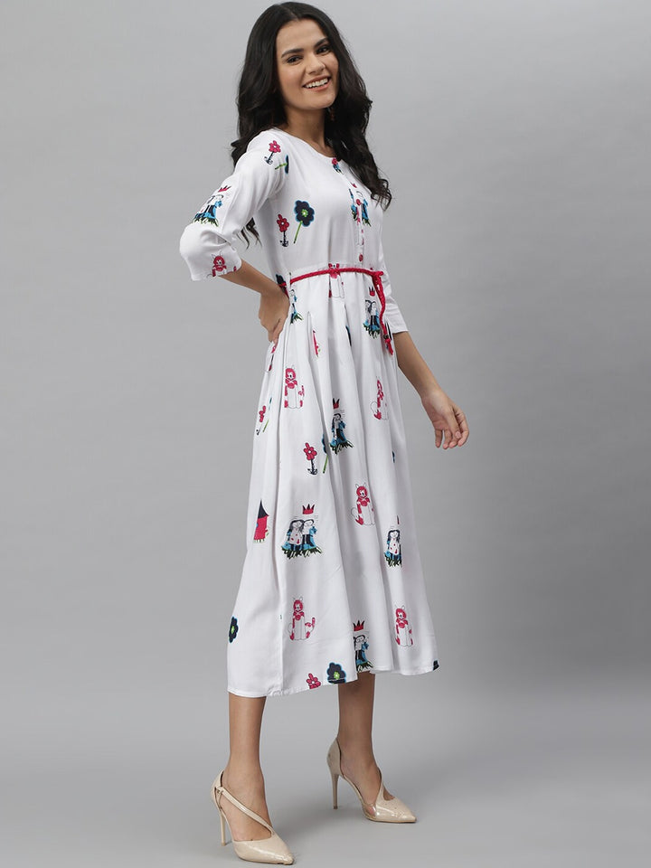 Animal Print Rayon Pleated Kurta (White)