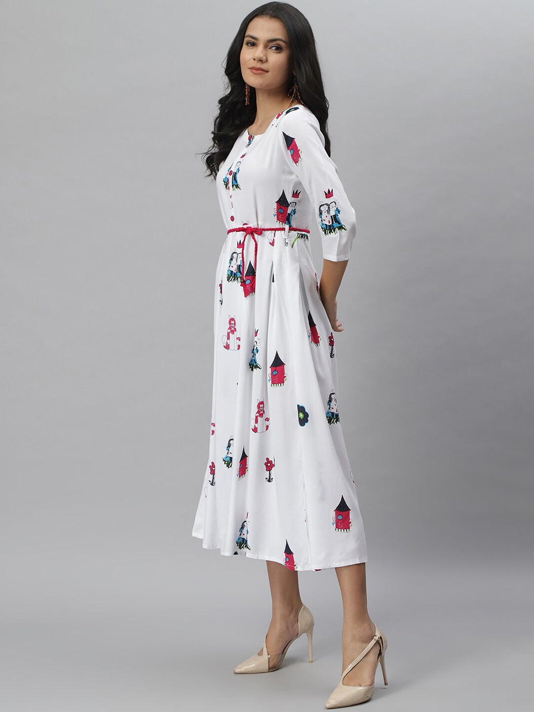 Animal Print Rayon Pleated Kurta (White)