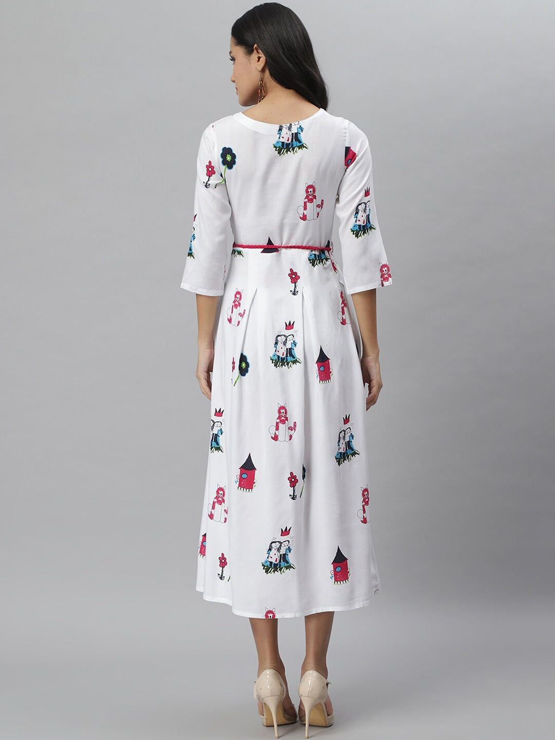 Animal Print Rayon Pleated Kurta (White)