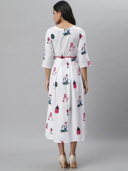 Animal Print Rayon Pleated Kurta (White)
