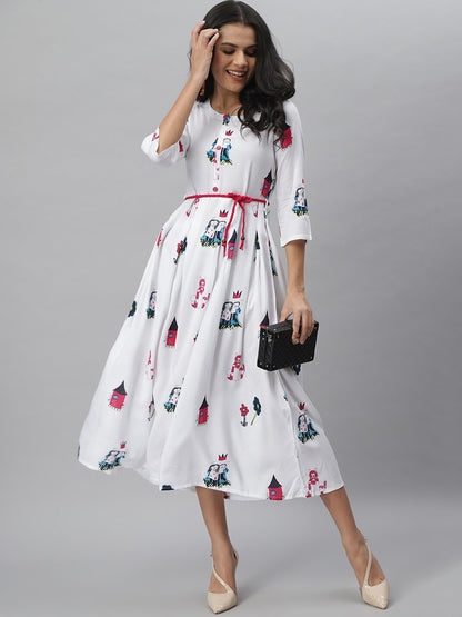 Animal Print Rayon Pleated Kurta (White)