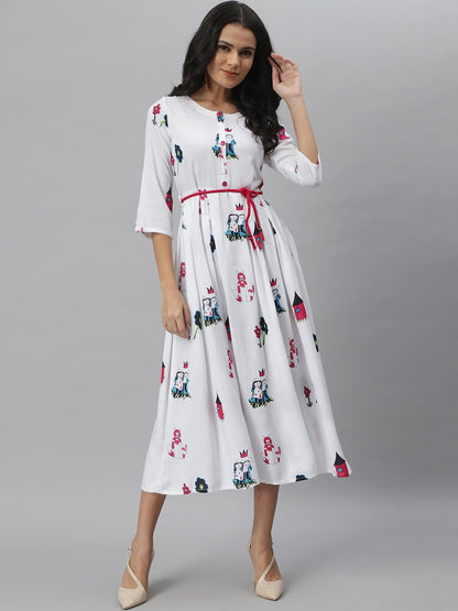 Animal Print Rayon Pleated Kurta (White)