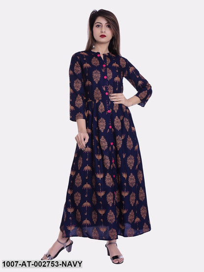 Printed Rayon A-Line Kurta (Navy Blue)