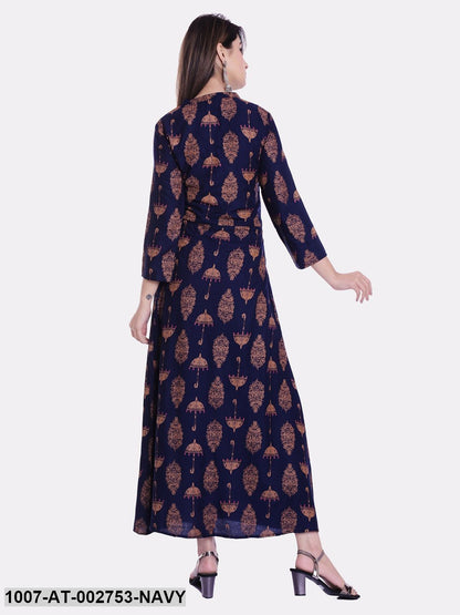 Printed Rayon A-Line Kurta (Navy Blue)