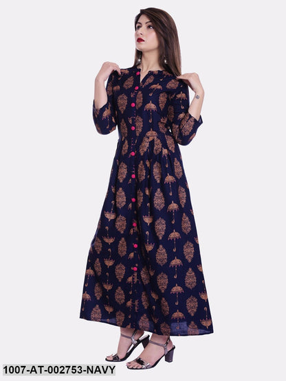 Printed Rayon A-Line Kurta (Navy Blue)
