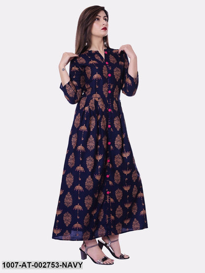 Printed Rayon A-Line Kurta (Navy Blue)