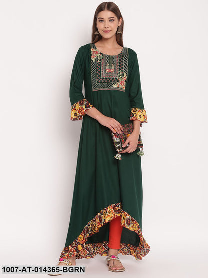 Embroidered Rayon High Low Kurta (Bottle Green)