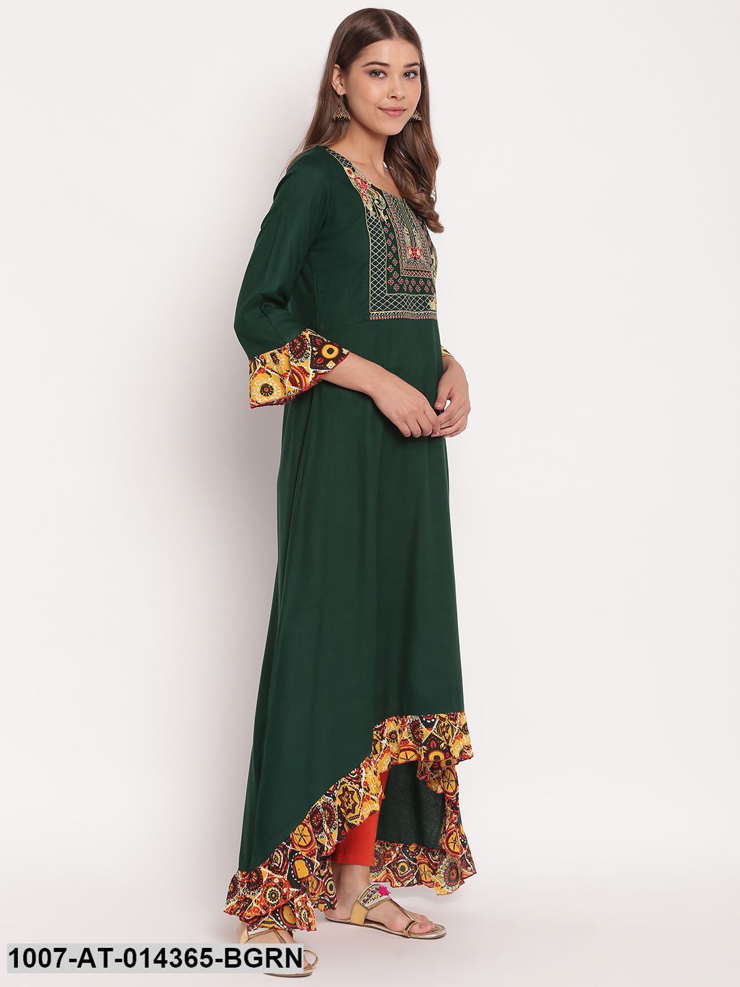 Embroidered Rayon High Low Kurta (Bottle Green)