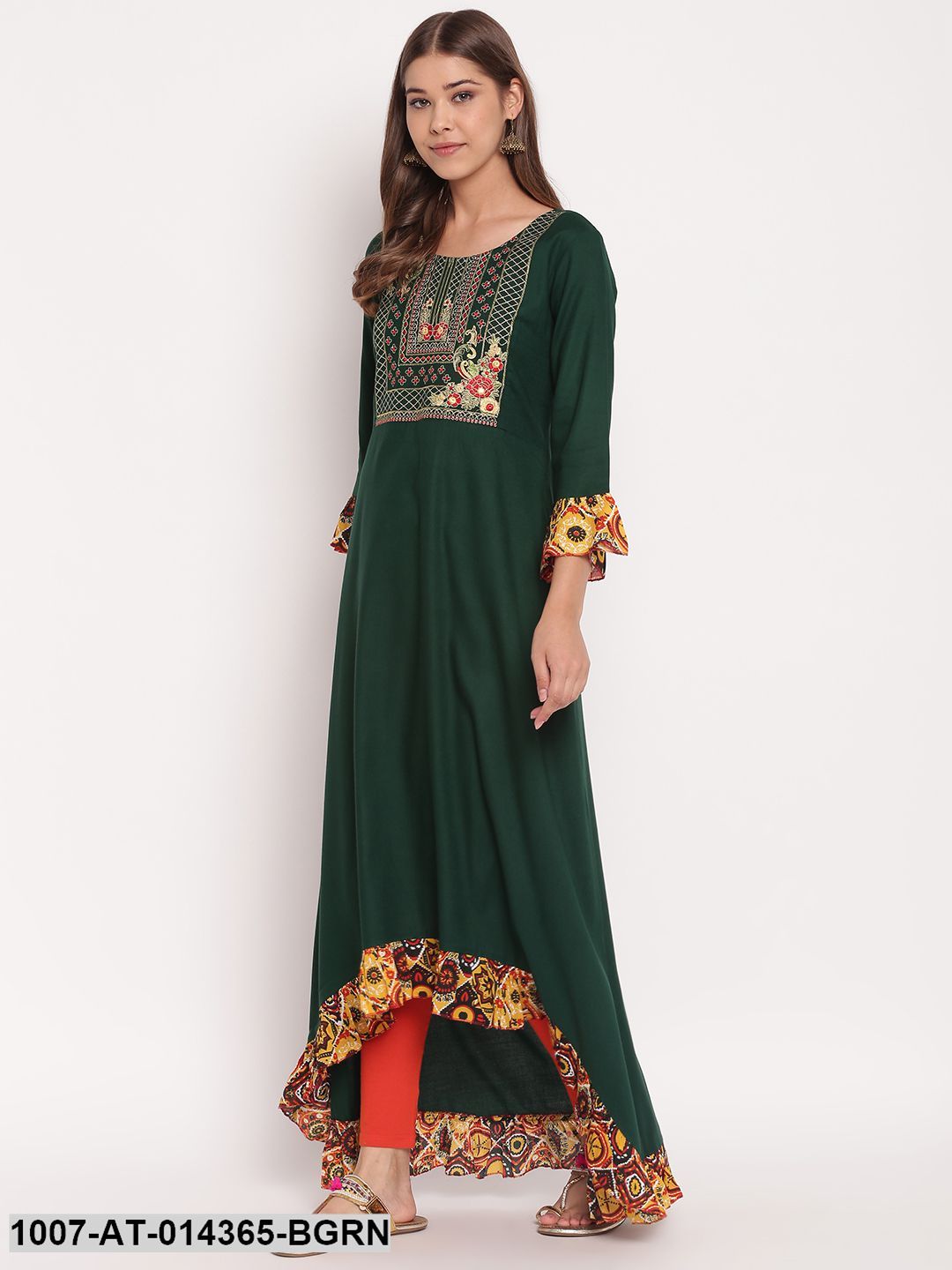 Embroidered Rayon High Low Kurta (Bottle Green)