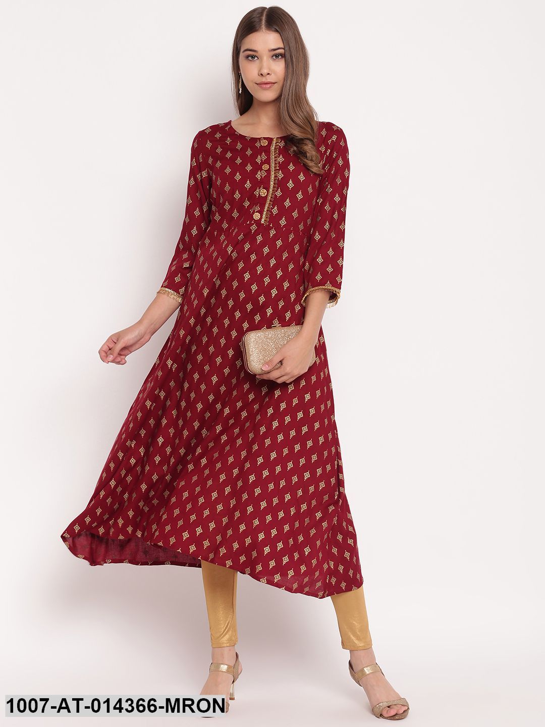 Gold Print Rayon A-Line Kurta (Maroon)