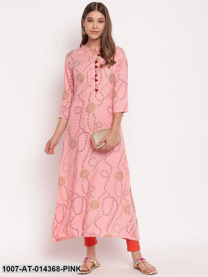 Printed Rayon A-Line Kurta (Pastel Pink)