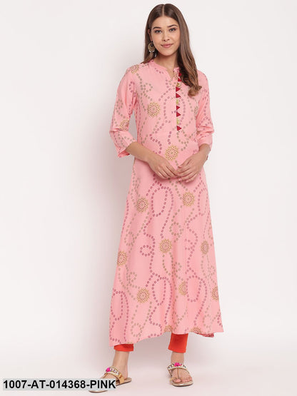 Printed Rayon A-Line Kurta (Pastel Pink)
