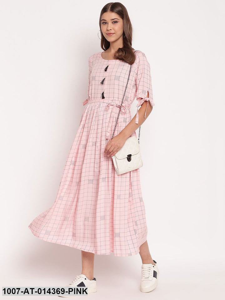 Checkered Rayon Flared Dress Kurta (Pastel Pink)