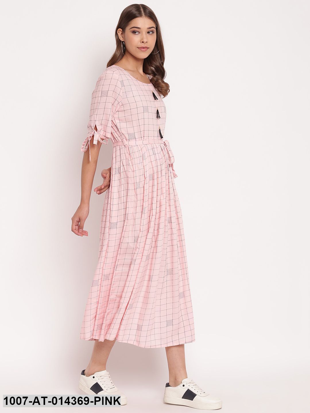 Checkered Rayon Flared Dress Kurta (Pastel Pink)